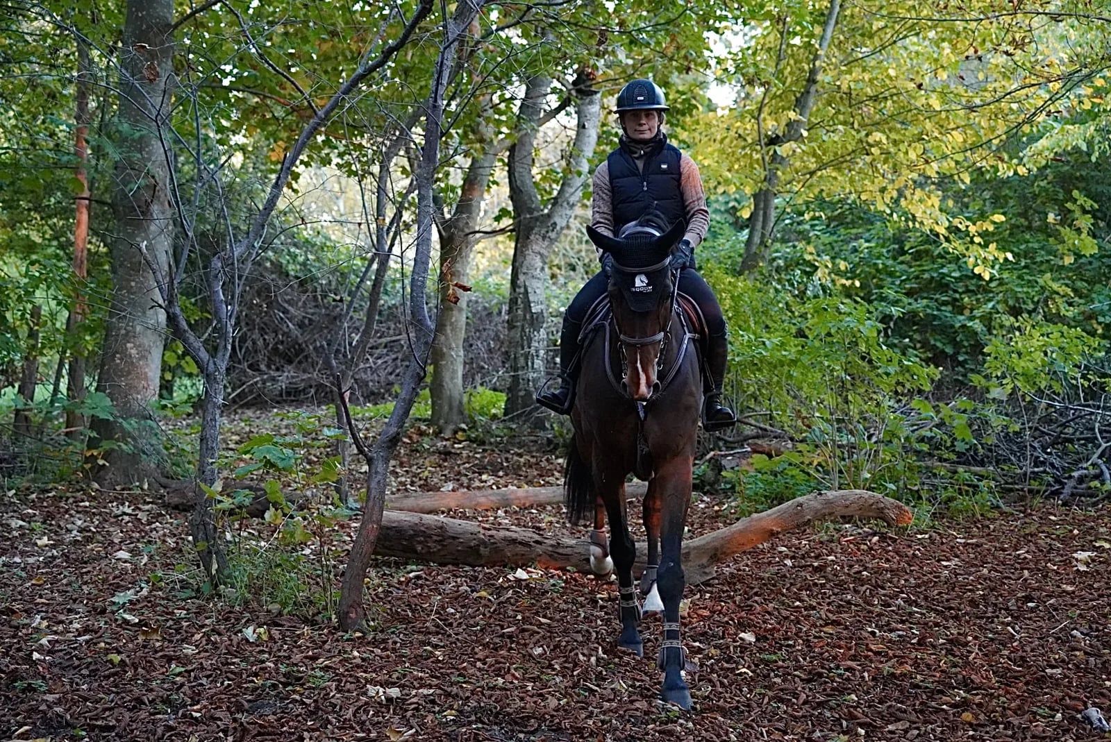 Linda riding through the autumn woodland
